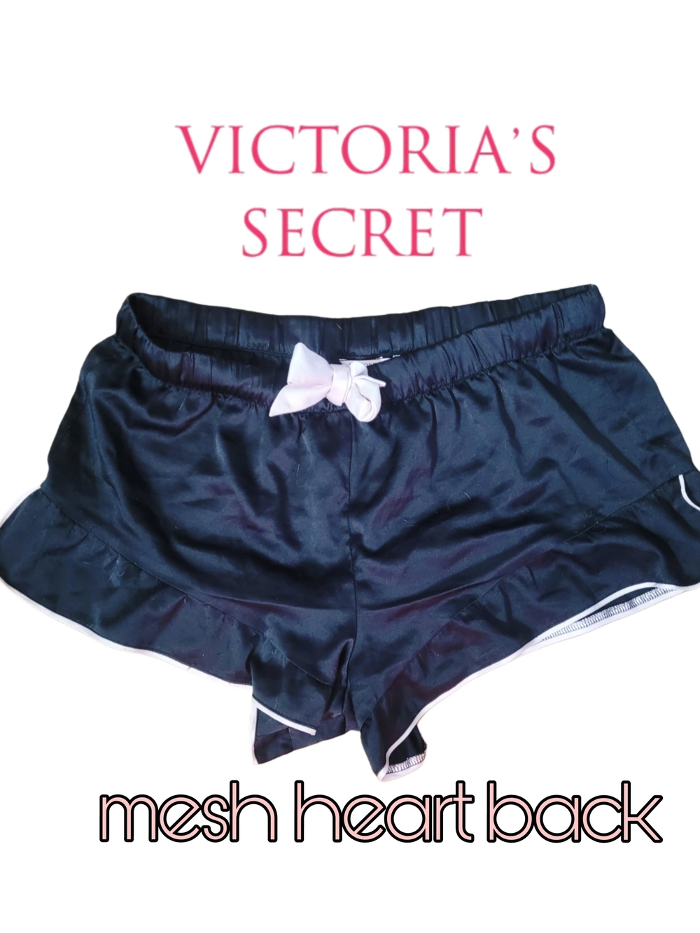 Victoria's Secret Satin Lounge Ruffle Shorts With Mesh Pink Heart & Ribbon